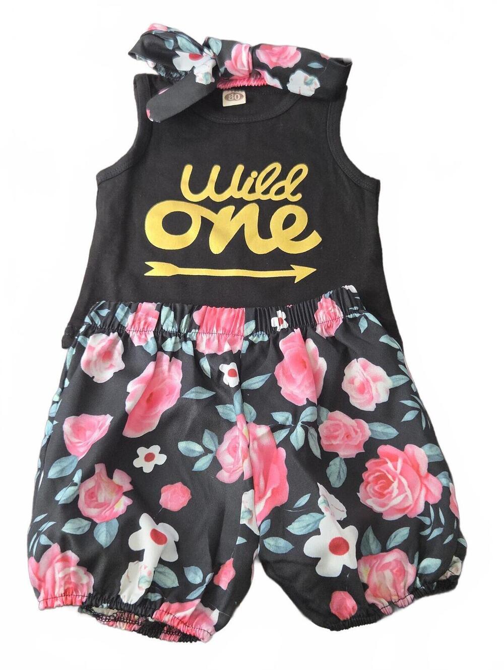 Wild One Baby Girl 3-Piece Outfit Set with Floral Shorts and Headband